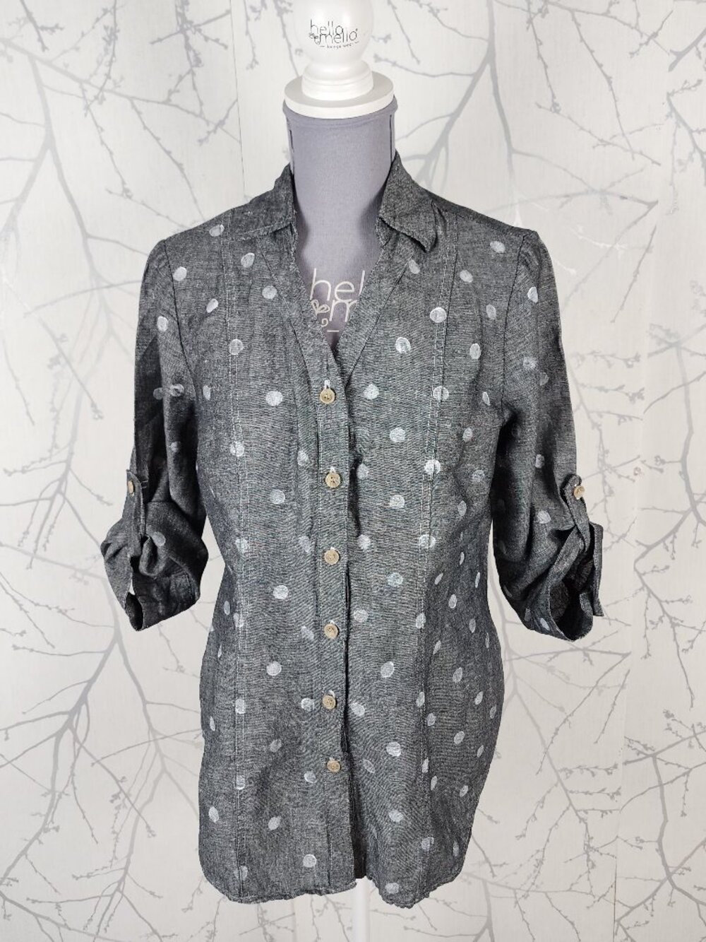 Harve Benard Gray Polkadot Linen Cotton V-Neck Button Front Blouse